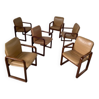 Lot 6 chairs armrests vintage 70s Scandinavian design leather and wood