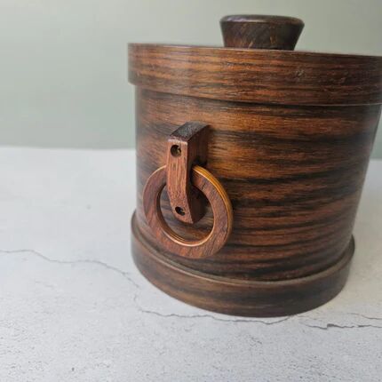 Vintage wooden ice bucket with ring handles - Mid-Century Modern