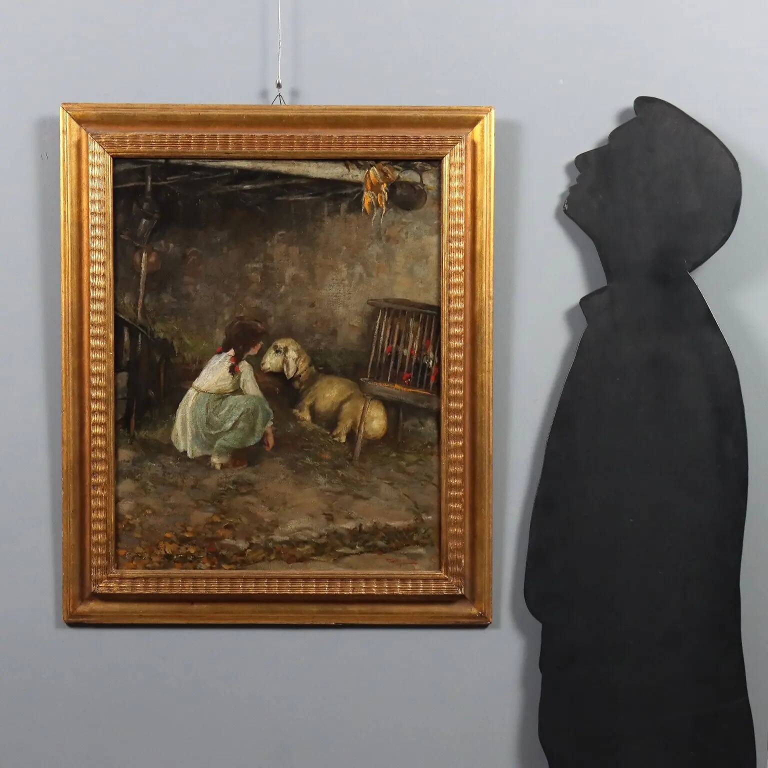 Peinture moderne signée Cesare Laurenti « The Little Girl and the Sheep »