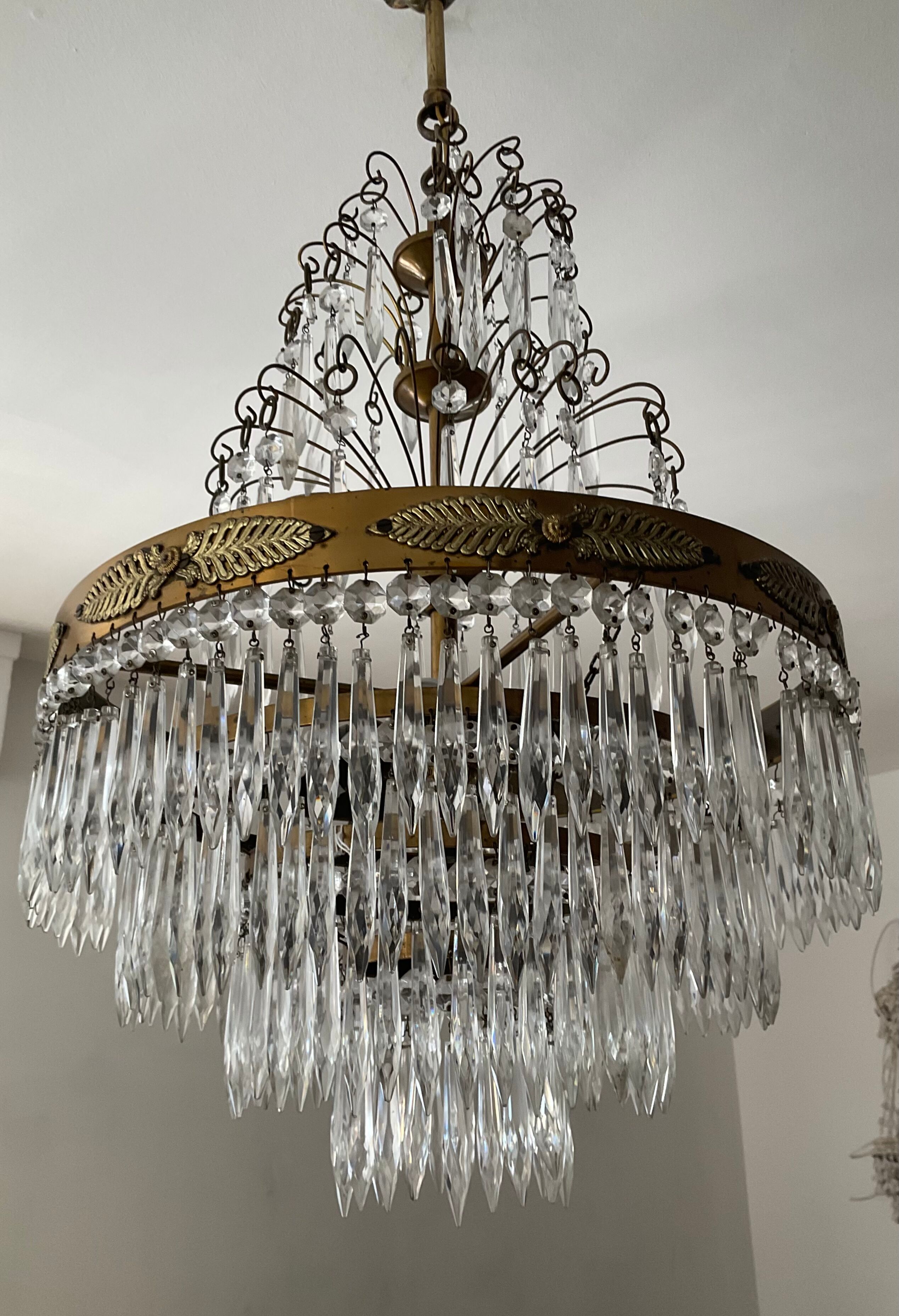 Old Crystal Grapevine Waterfall Chandelier and Solid Bronze Frame