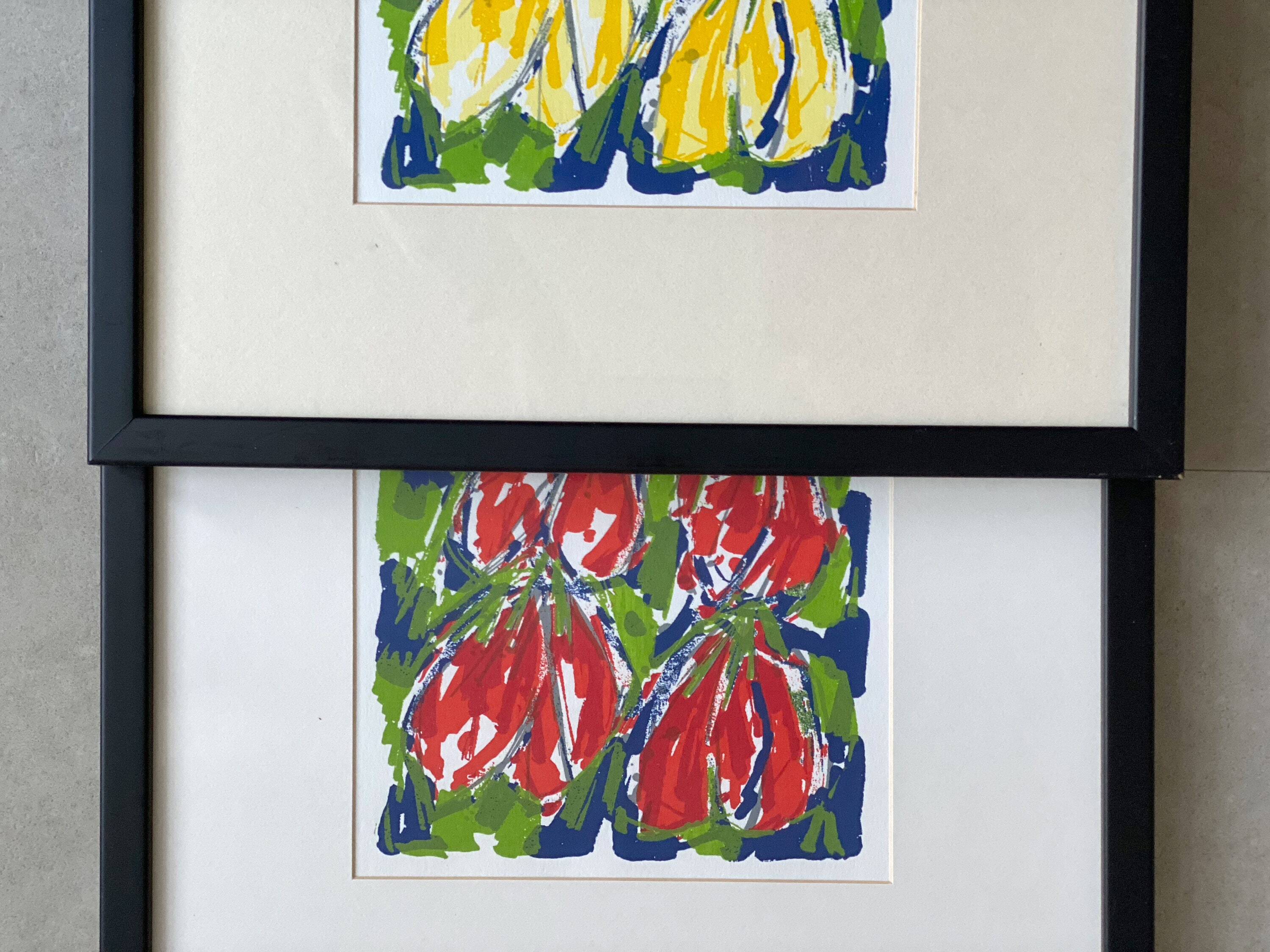Cheerful silkscreen "yellow tulips" by Ad van Hassel, Dutch art