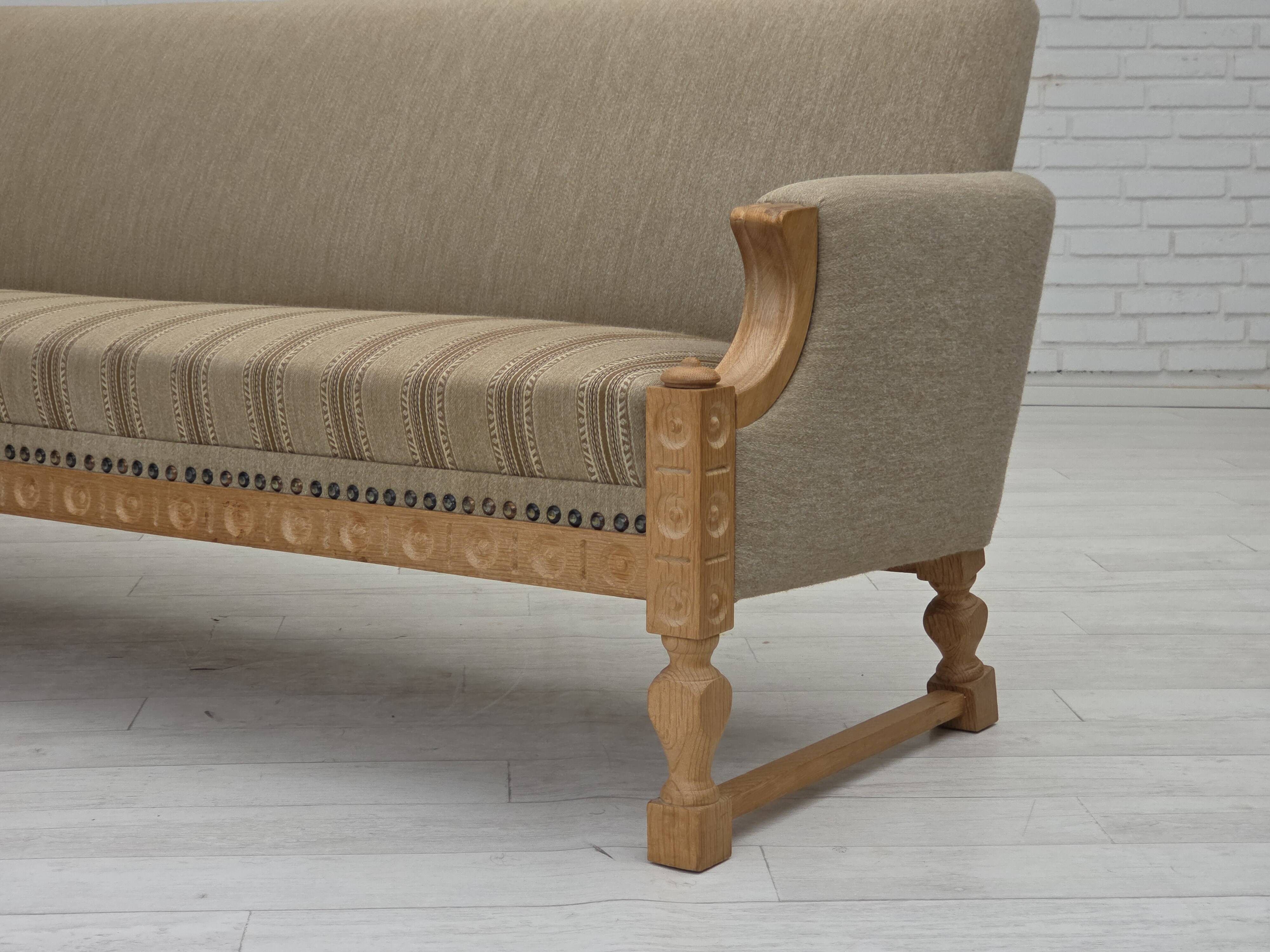 1970s, 3-seater Danish sofa, original beige furniture wool, solid oak wood.