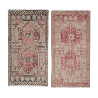 Pale Color Pair of Small Oushak Rugs, Traditional Handwoven Wool Bath Mats