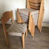 Set of 6 vintage brutalist chairs and beech and jute straps