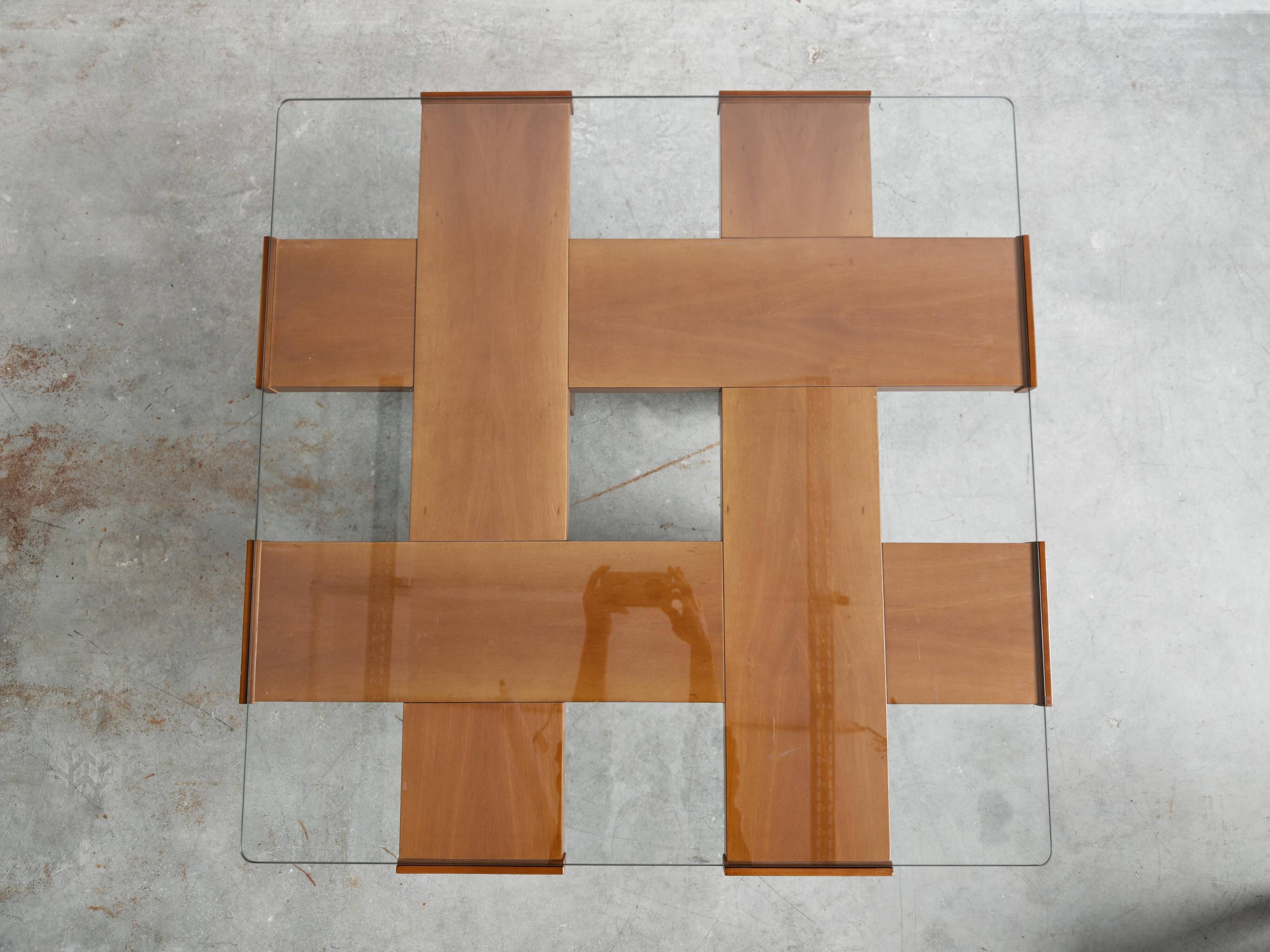 Mid Century Modern coffee table in elm wood with grid pattern by Marco Zanuso.