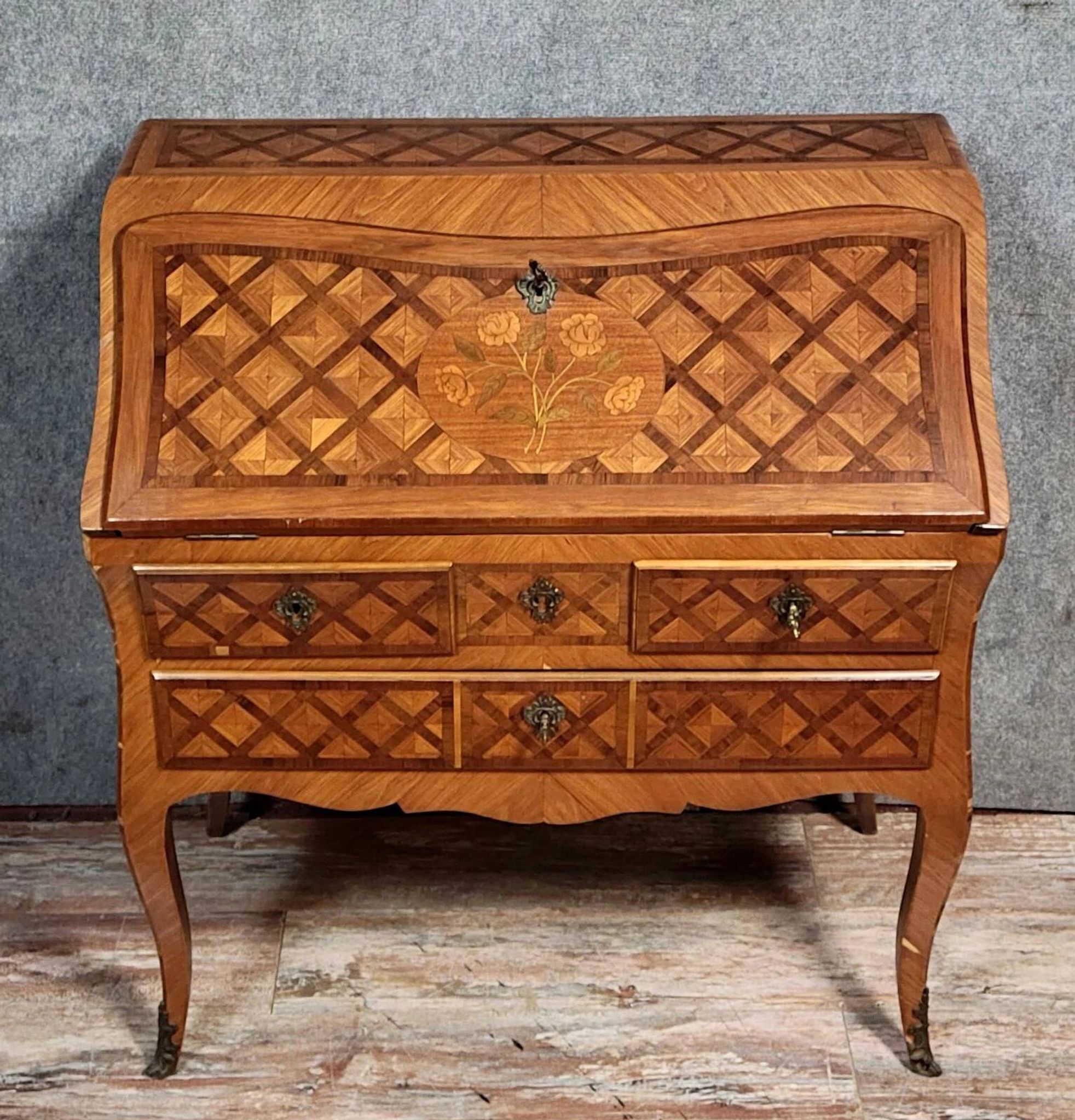 Louis XV period curved secretary desk in marquetry, circa 1750