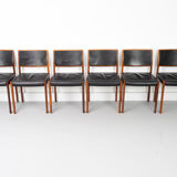 Set of 6 wooden Dining Chairs with black Leather, 1960