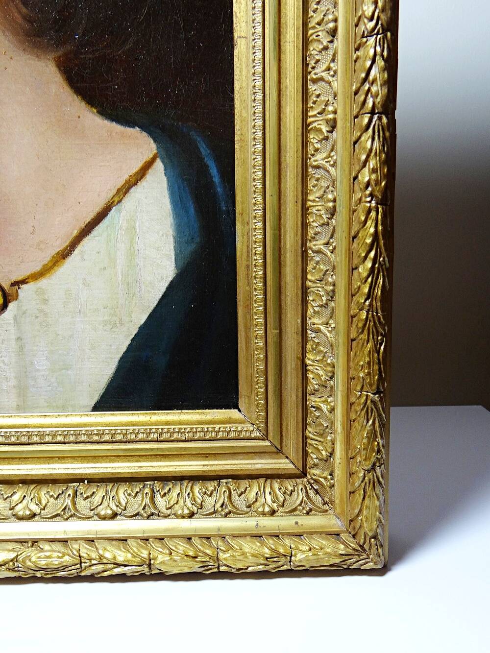 Old portrait of a young woman in profile, oil on canvas A. Piard 19th century