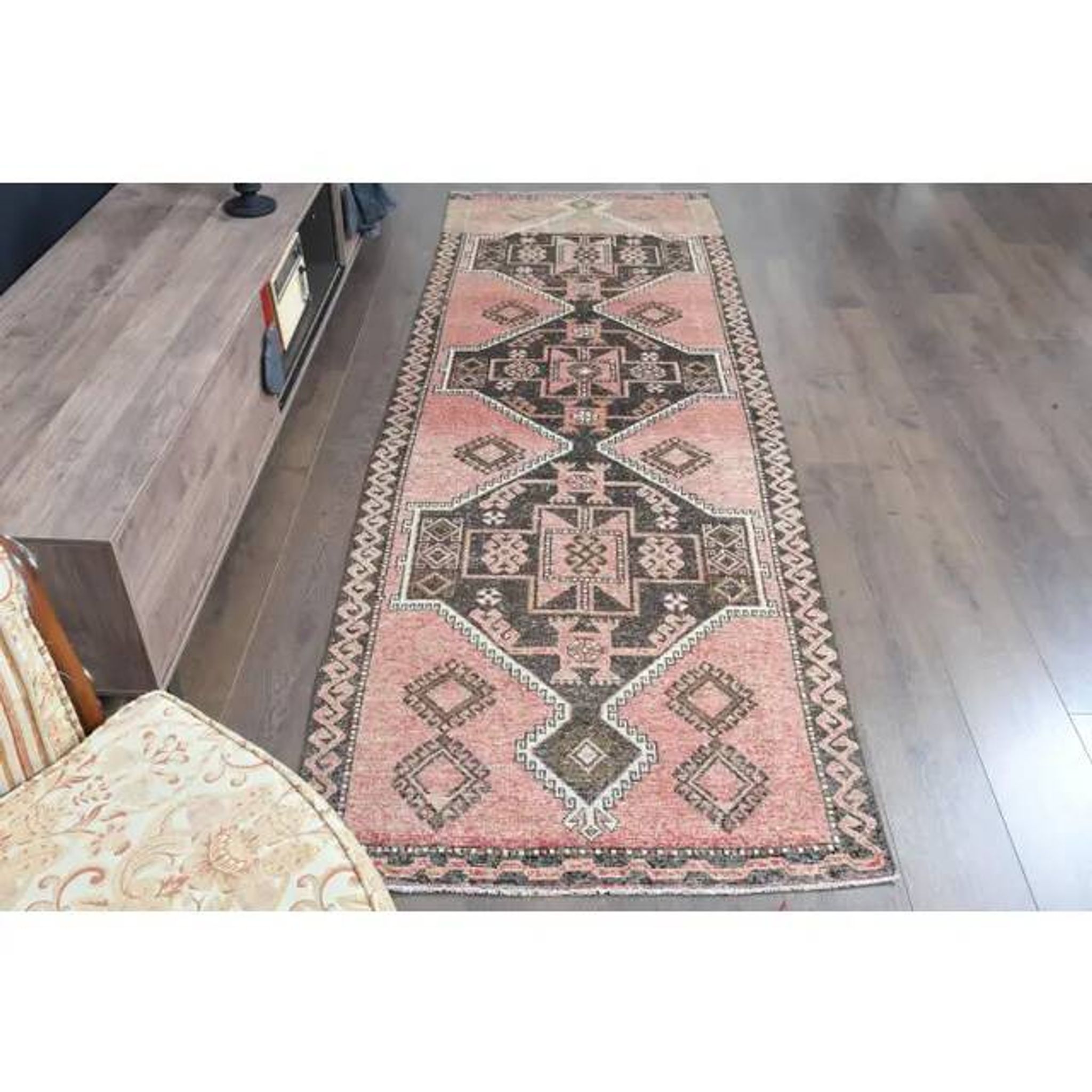 1970s Turkish Oushak Handmade Wool Cotton Pink Runner Rug  98x293