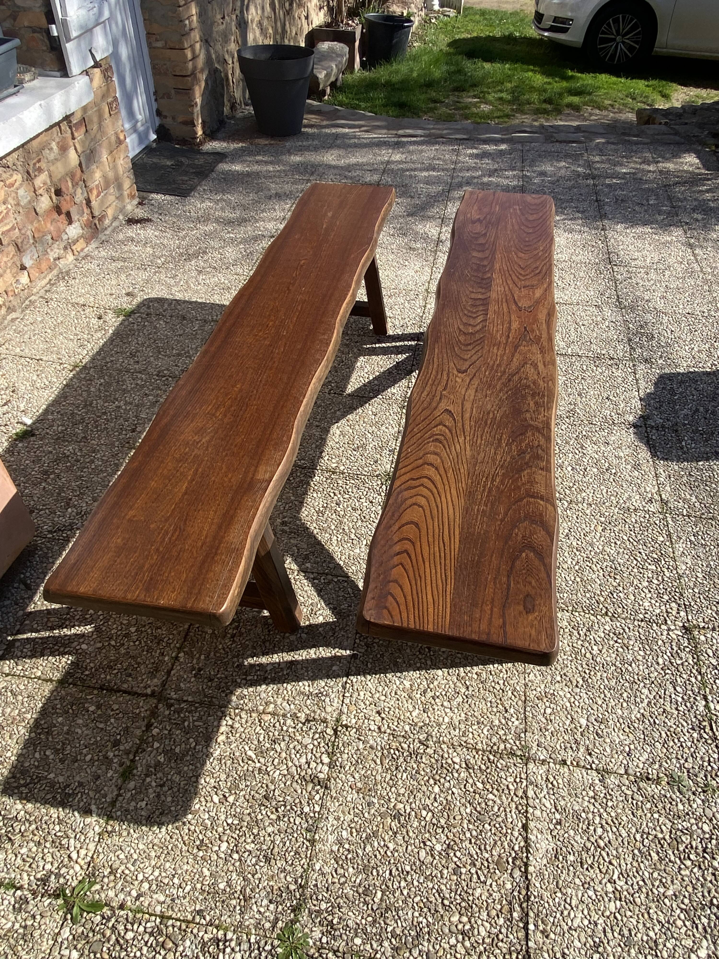 Paire de bancs orme pour table de ferme brutaliste rustique 1950