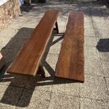 Paire de bancs orme pour table de ferme brutaliste rustique 1950
