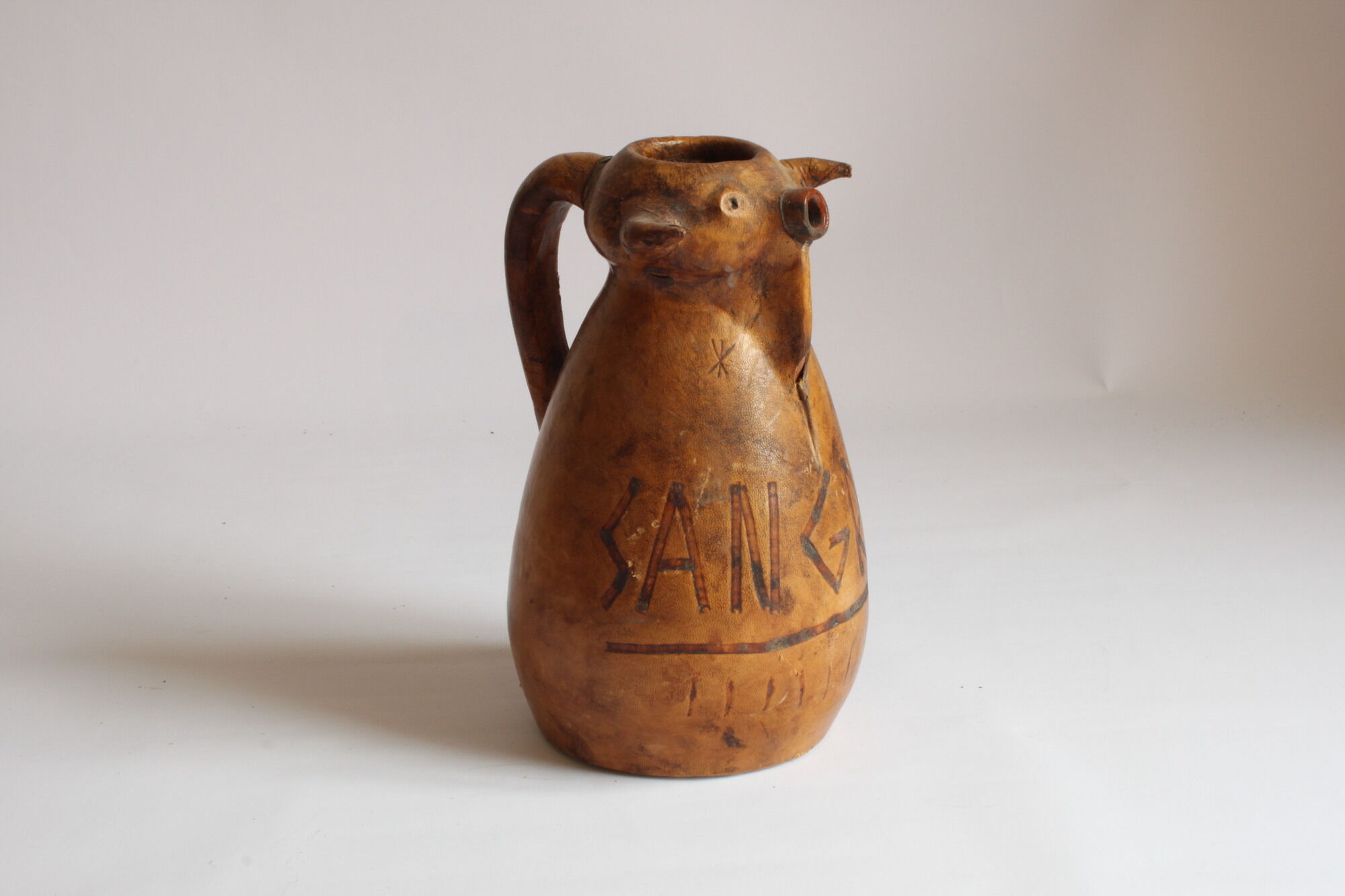 Spanish bull leather sangria pitcher by Artesania Raymon, 1950s.
