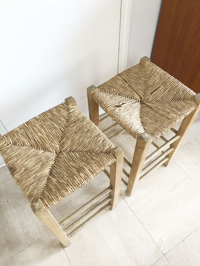 Pair of straw bar stools, 1970