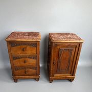 Pair of Art Deco bedside tables from 1930 in carved wood and red marble