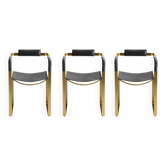 Set of 3 Armchairs, Aged Brass Steel and Black Leather, Contemporary Style