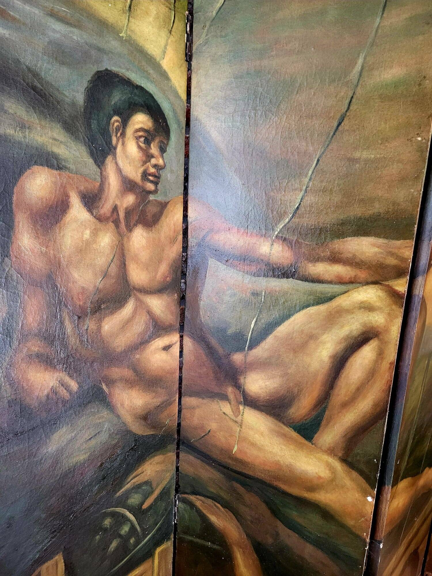 Rare paravent Art déco peint à la main dans le style de Michel-Ange