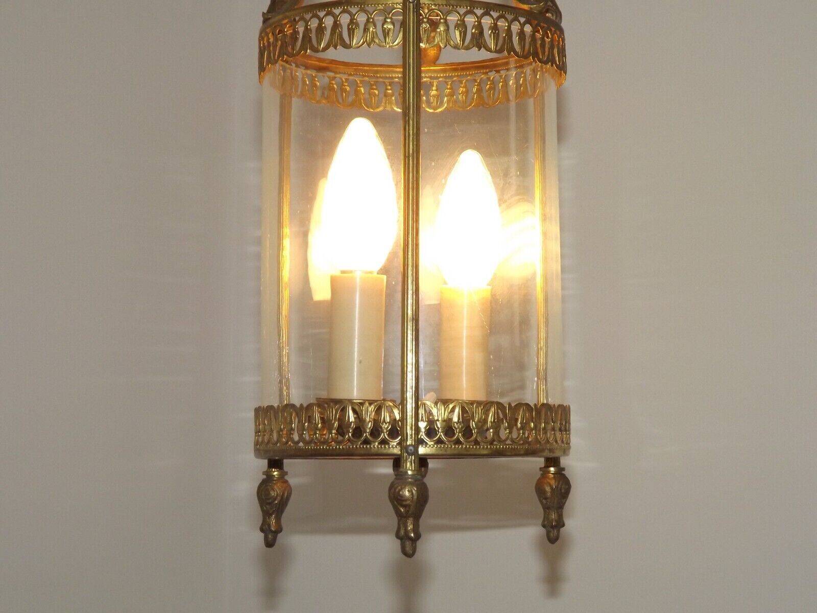 Vintage French Round Gold Metal and Brass 2 Light Lantern Ceiling Light 4724