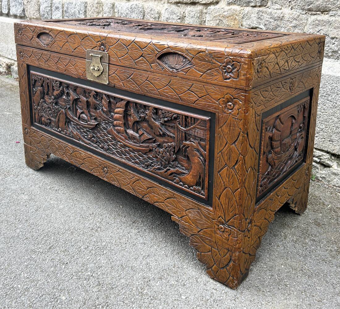 Large Chinese carved camphor wood chest from the 20s/30s