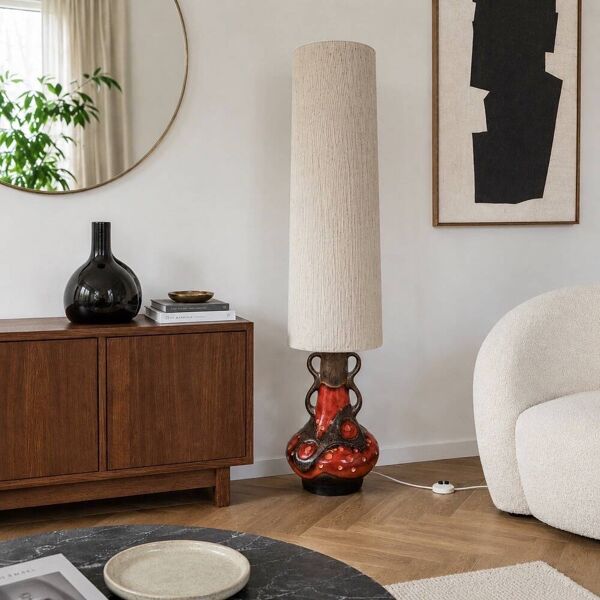 Lampe de sol céramique orange et toile de jute années 70