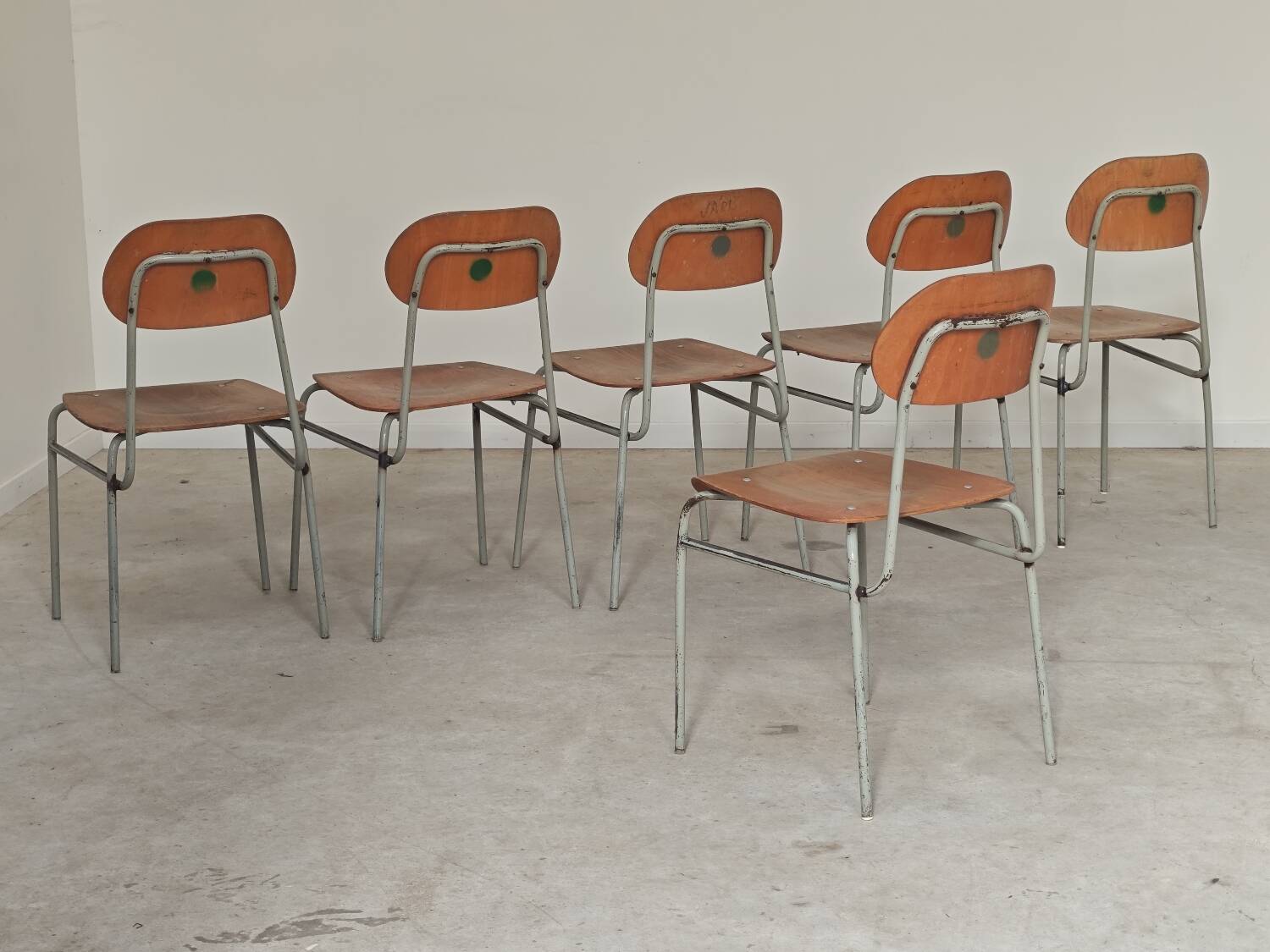 Set of 6 metal and wood school chairs  
Former Czechoslovakia 1960