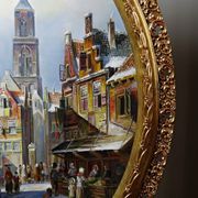 Large painting urban scene oil on wood framed John Haanstra vintage