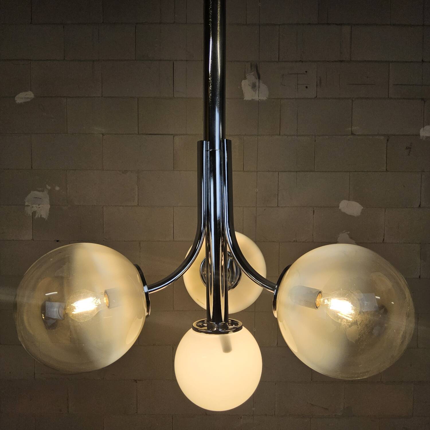 Vintage Space Age Chrome and Murano Glass Italian Pendant Lamp