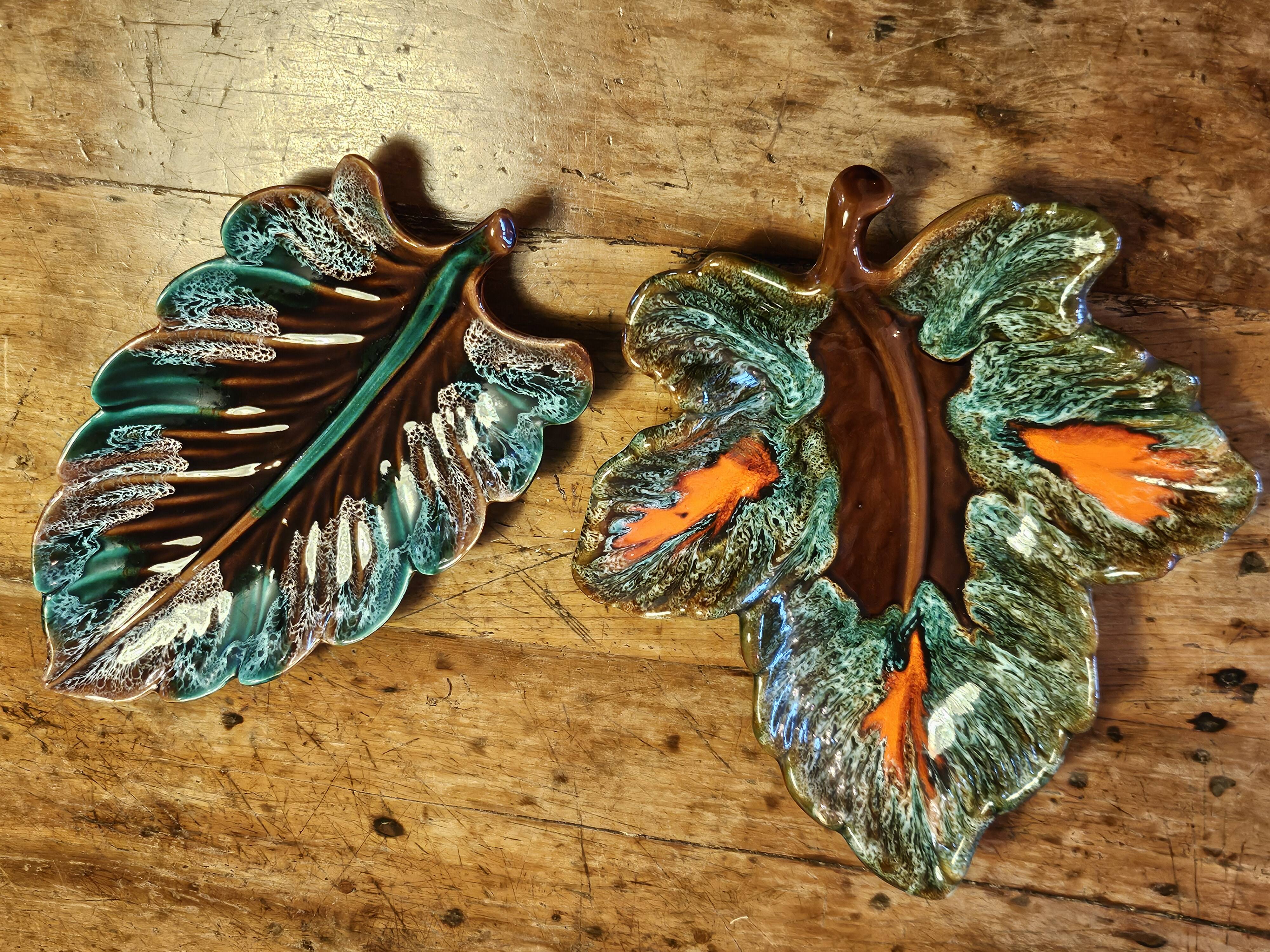 Set of 2 leaf-shaped ceramic dishes from Vallauris.