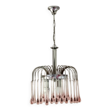 Paolo Venini : Lustre en cascade avec gouttes roses en verre de Murano