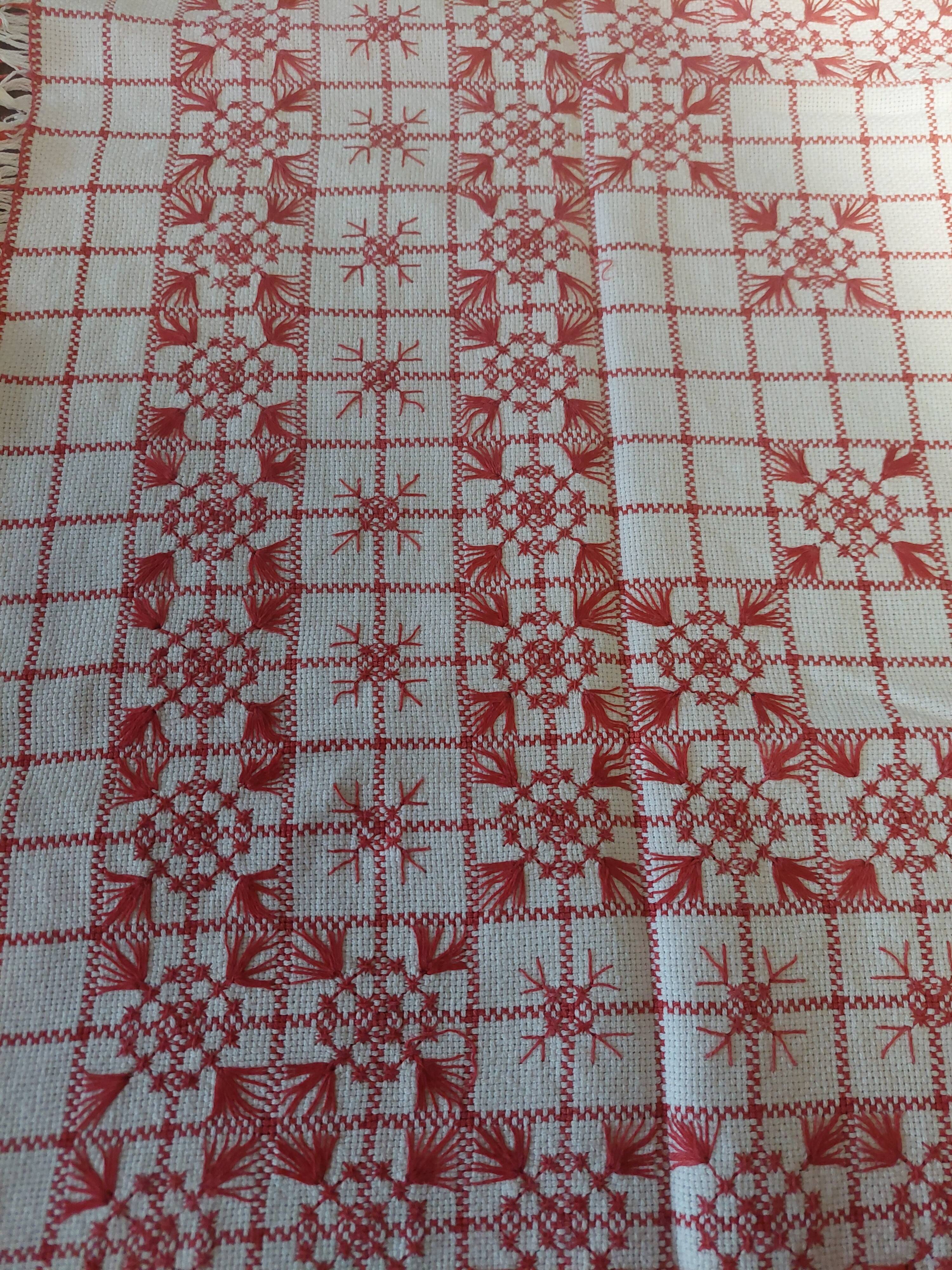 Red checkered cotton tablecloth with fringes