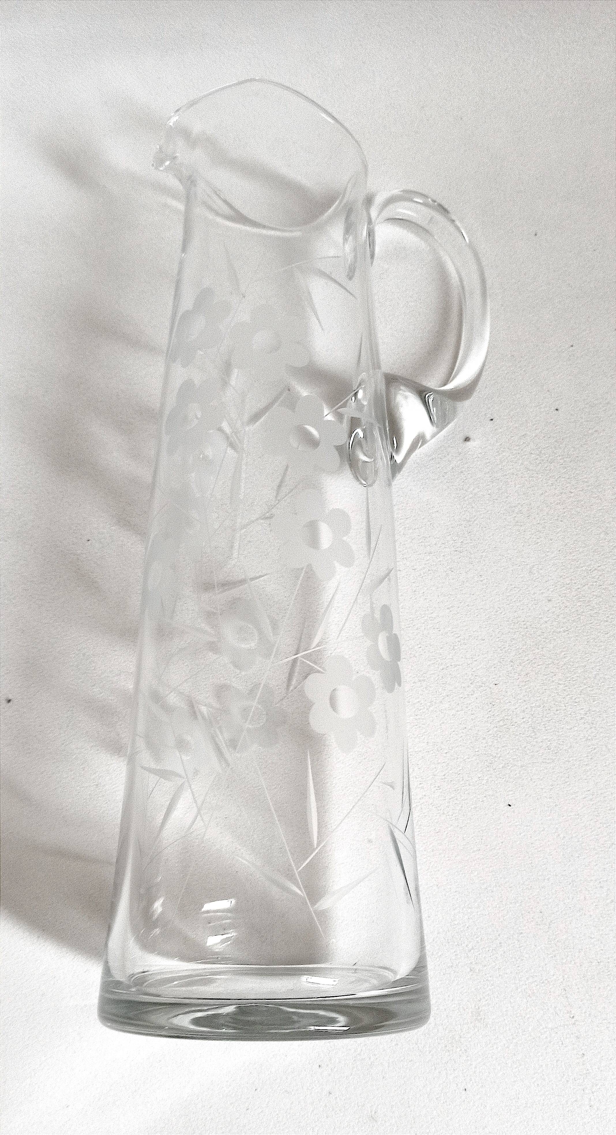 Chiseled crystal pitcher with floral decor 1950s Height 34 cm