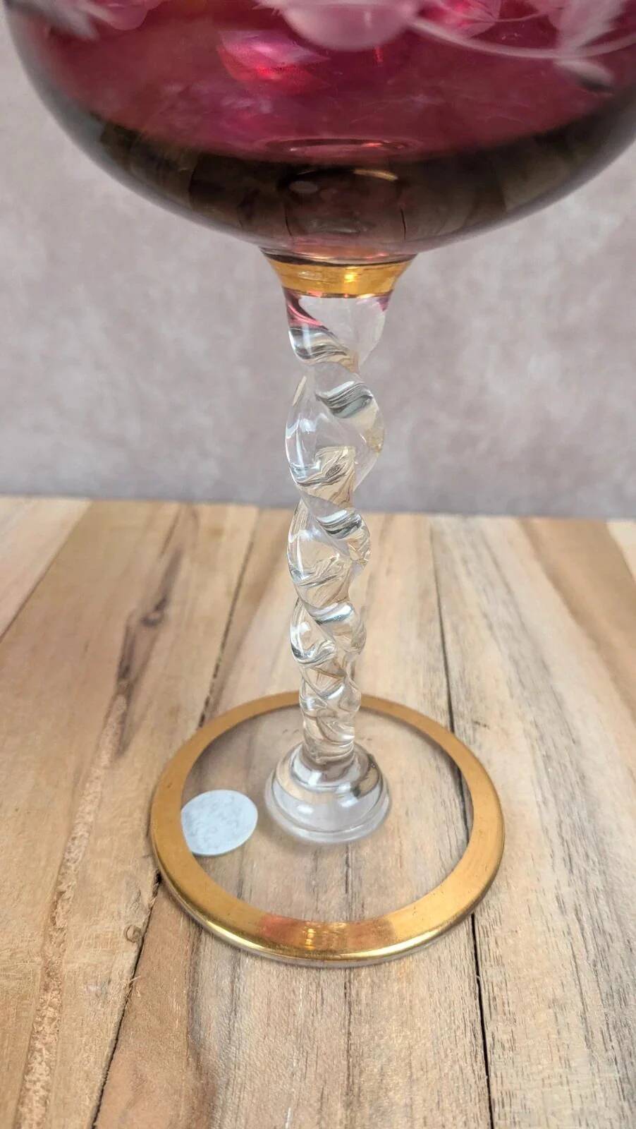 Antique fuchsia pink engraved glass – twisted stem