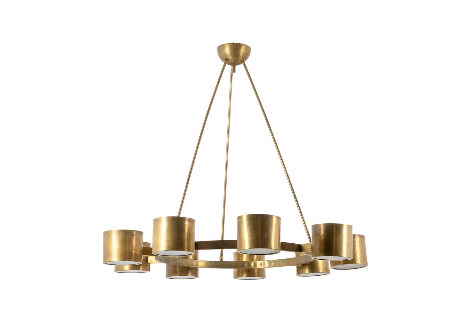 Matte gold brass circular chandelier. Contemporary Italian work.
