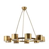 Matte gold brass circular chandelier. Contemporary Italian work.