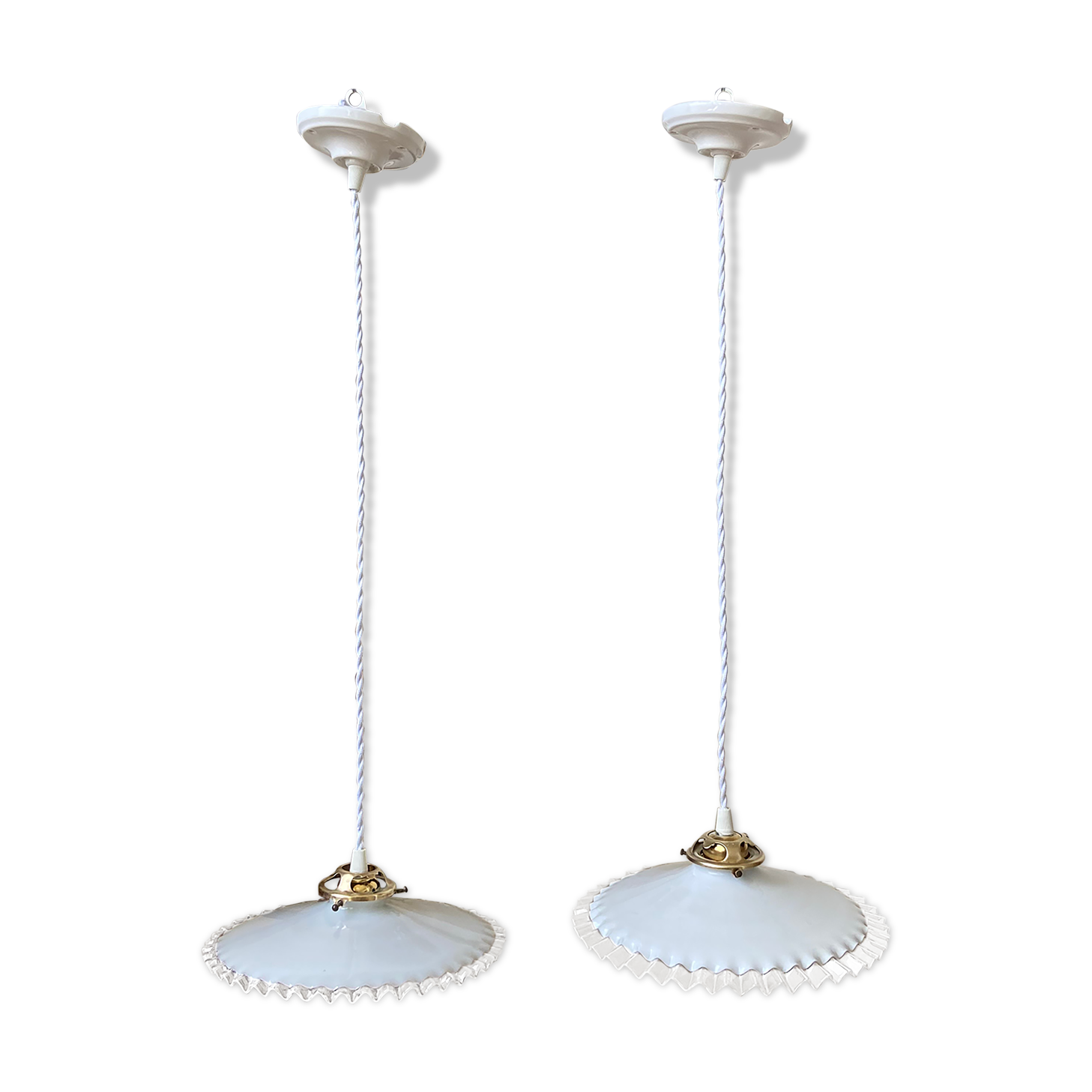 Pair of white glass hanging lamps