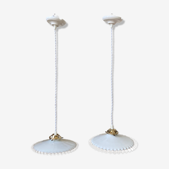 Pair of white glass hanging lamps