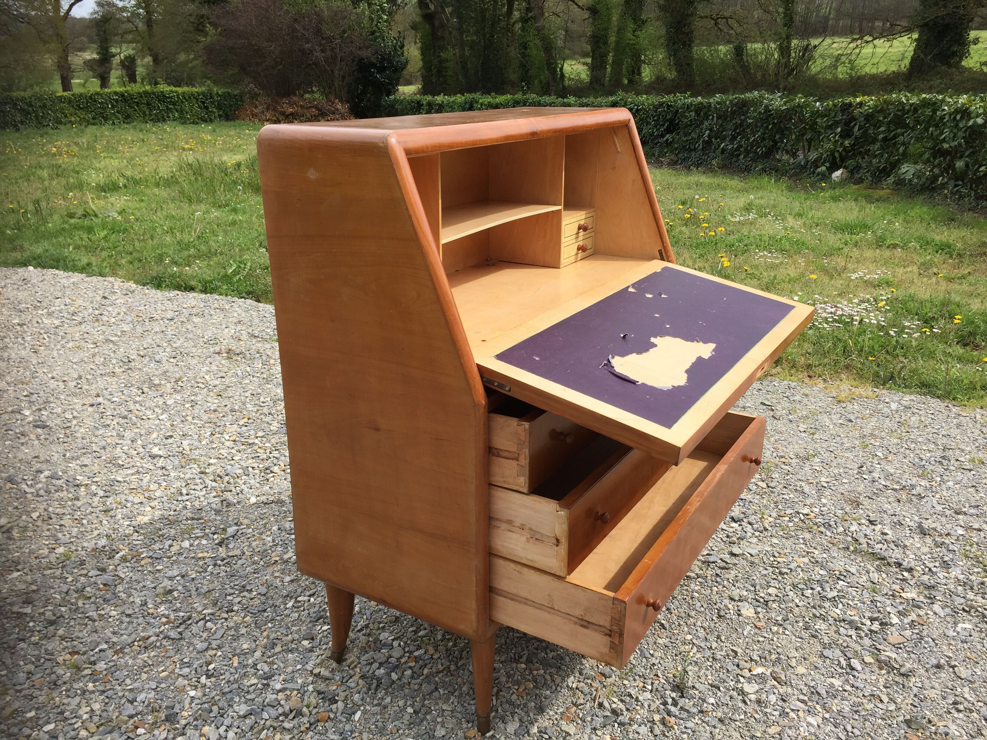 Vintage secretary desk, known as donkey's back, in cherry wood, Italian by Marelli & Fratelli.