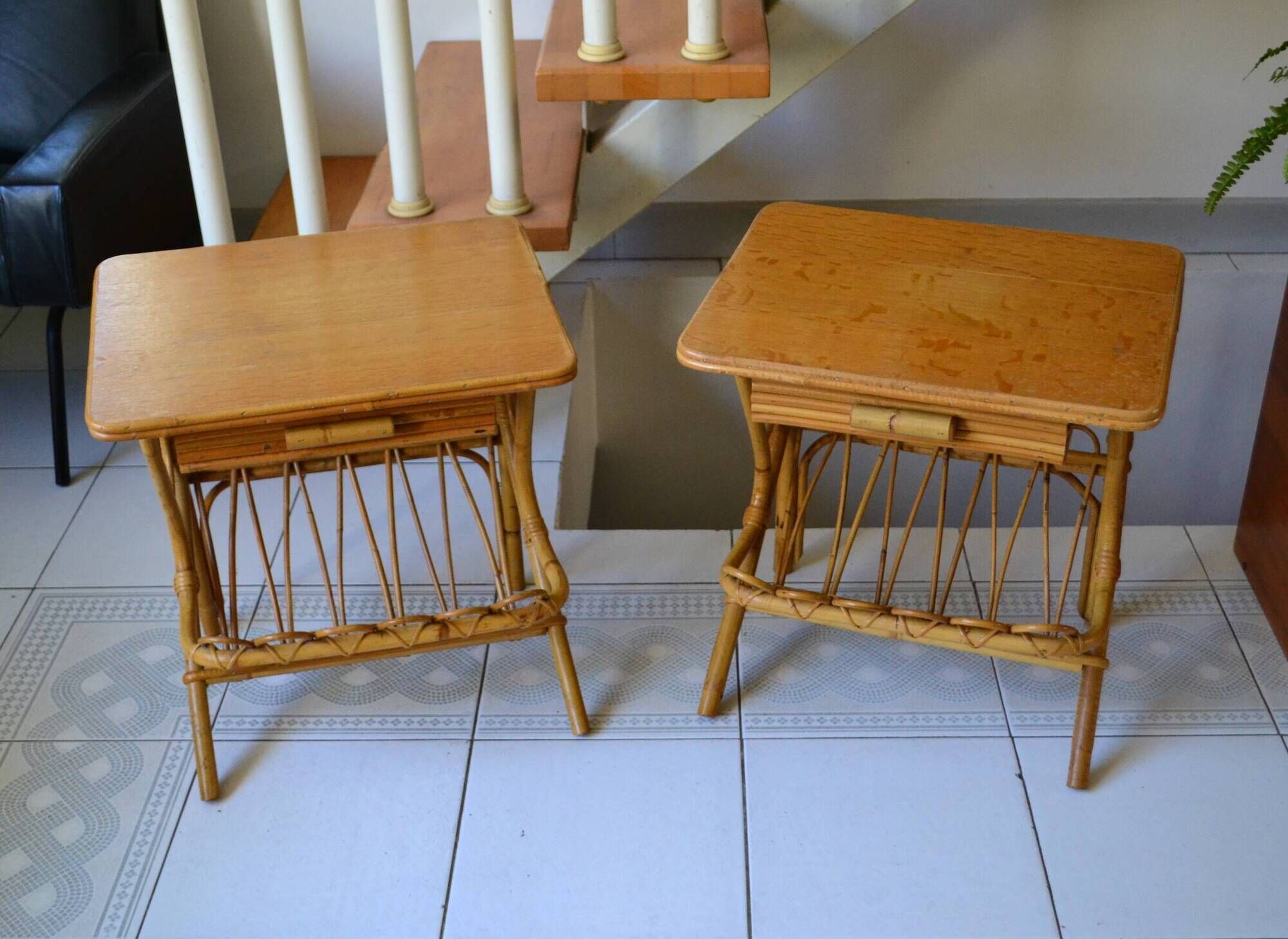 Pair of bamboo rattan bedside tables from the 70s.