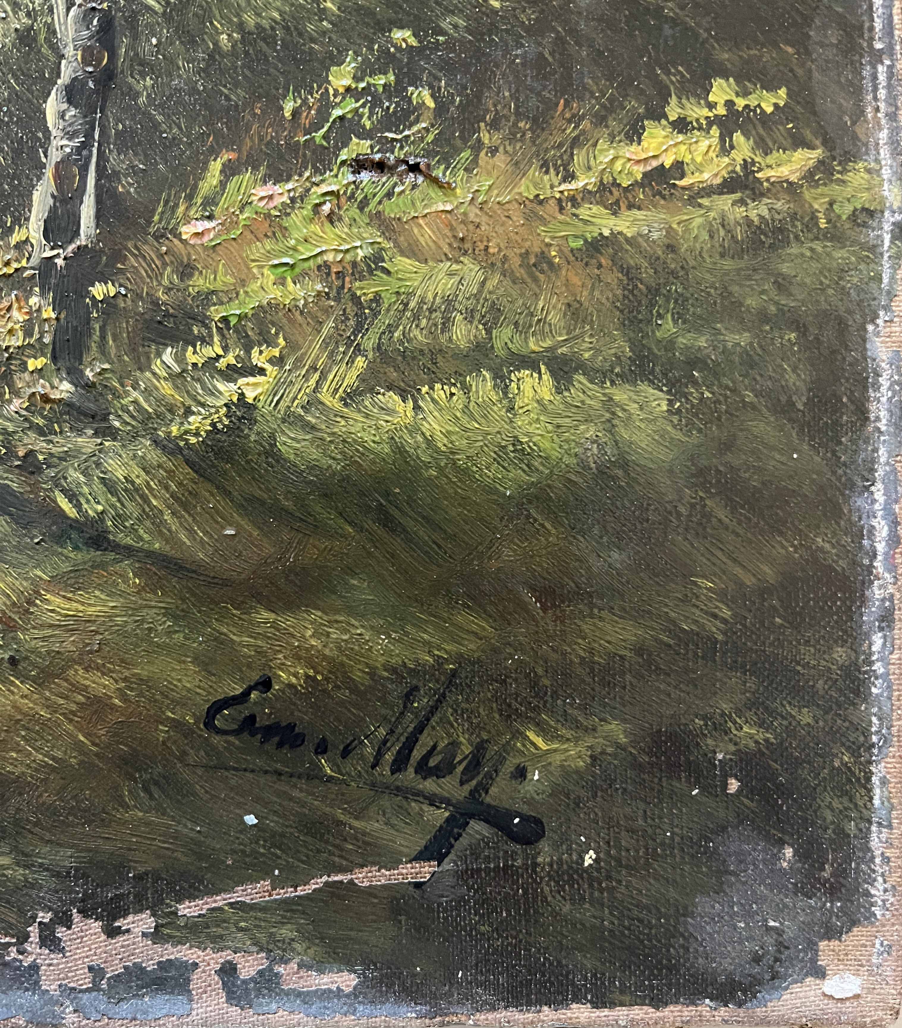 Table pendant of HST "Barbizon Landscape" signed (?) for restoration.