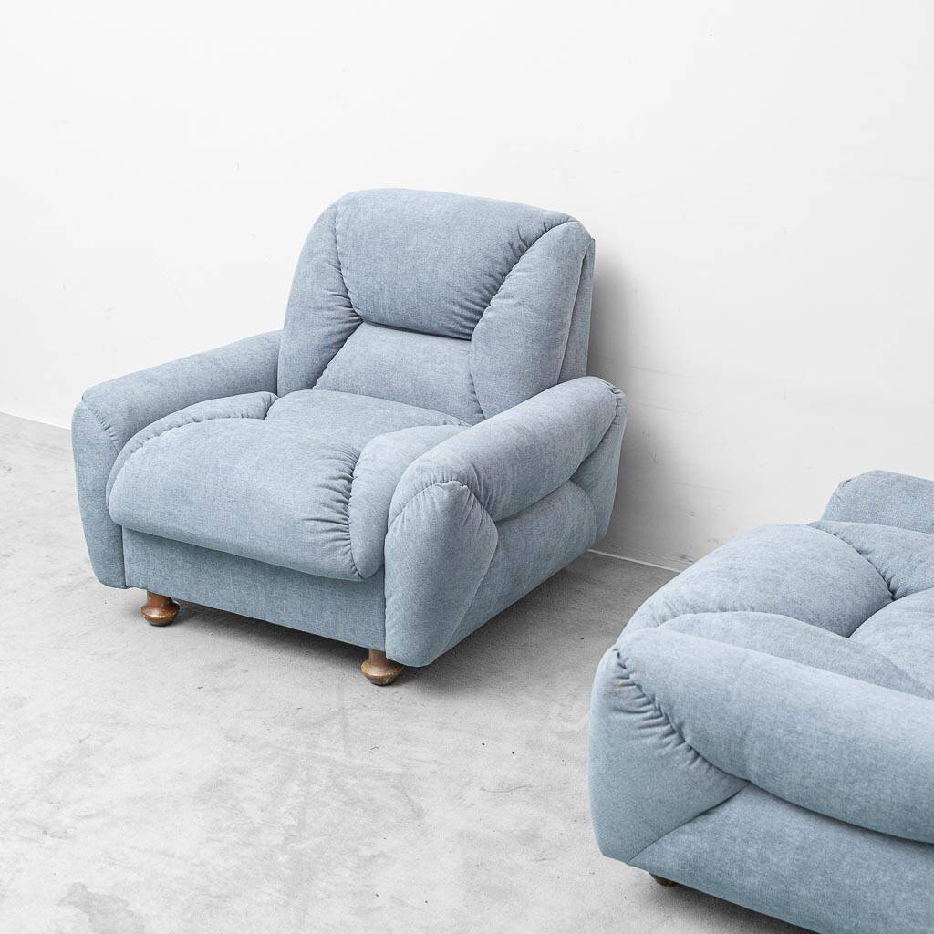 Pair of vintage Italian armchairs in light blue fabric – 1950s design