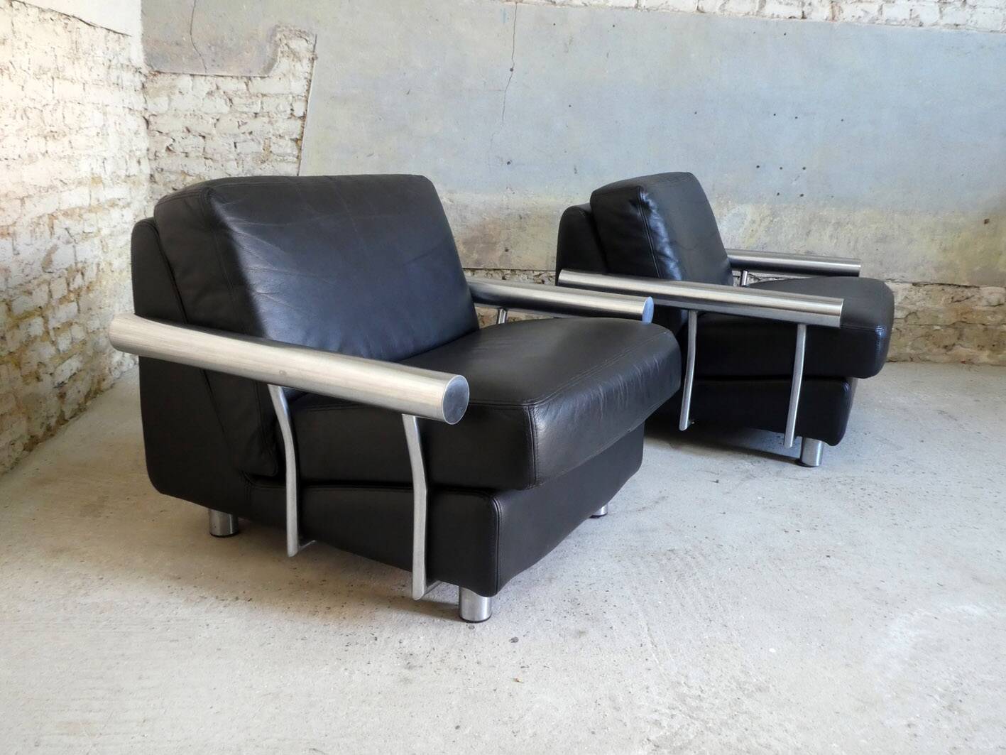 pair of armchairs, black leather & stainless steel, 1990