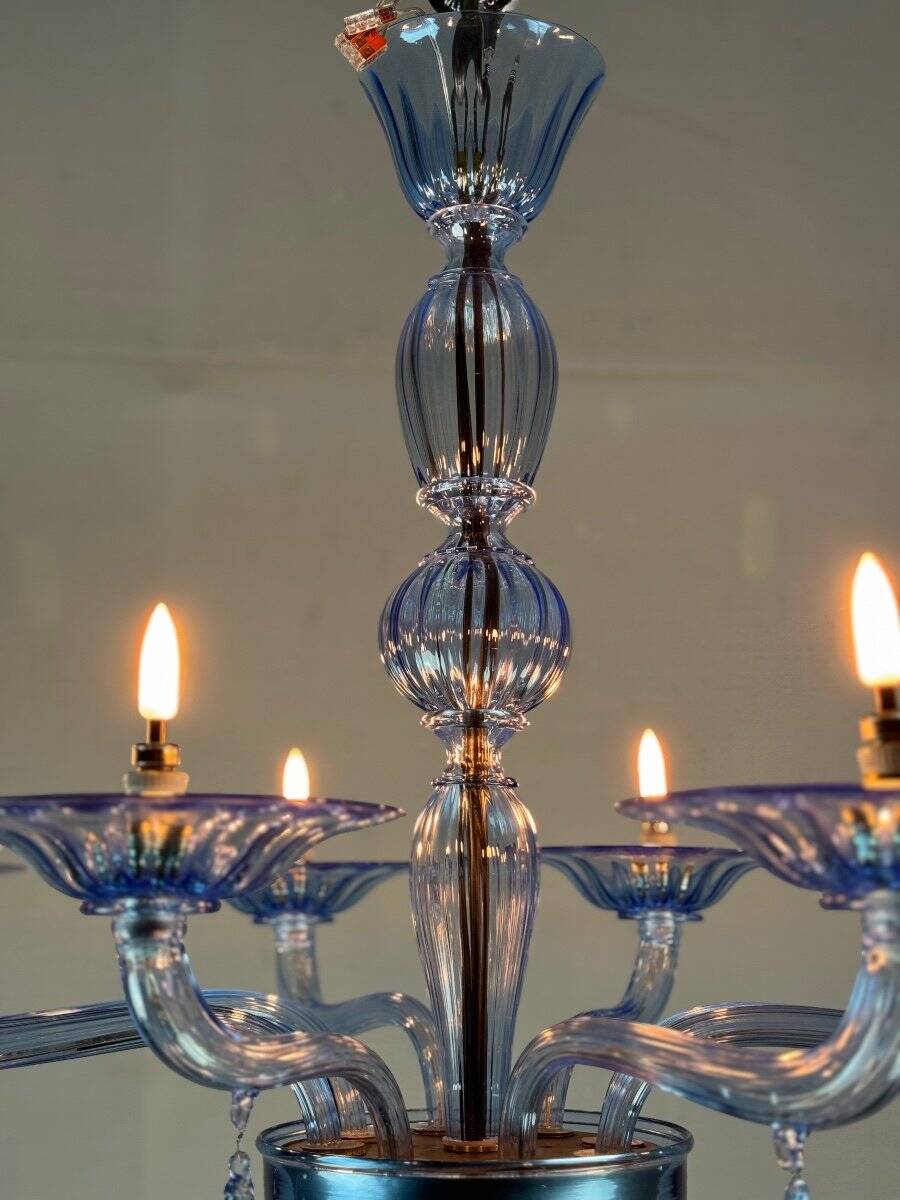 Blue murano glass venetian chandelier, 8 light arms