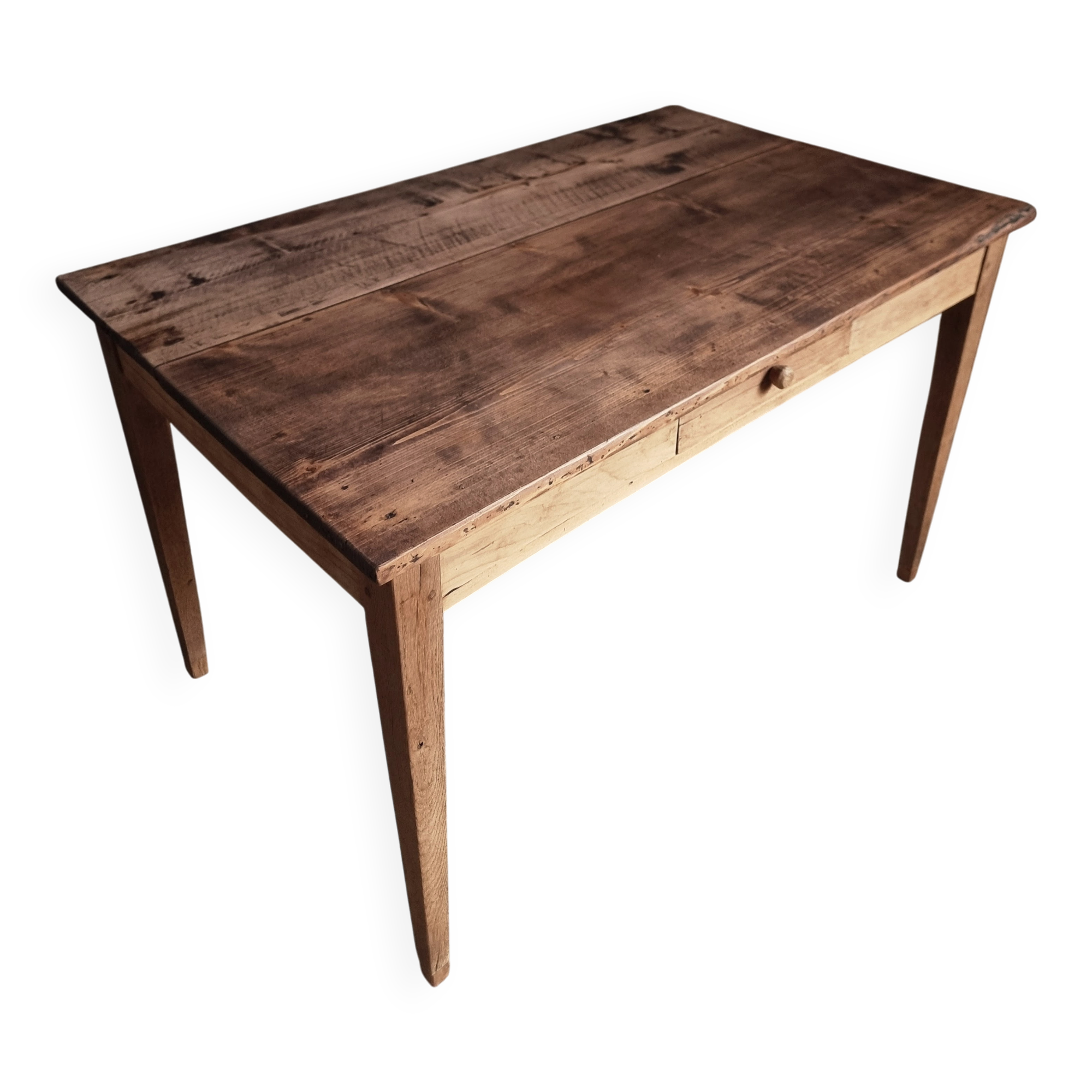 Vintage French farmhouse table with drawer, mixed wood, circa 1900–1930.