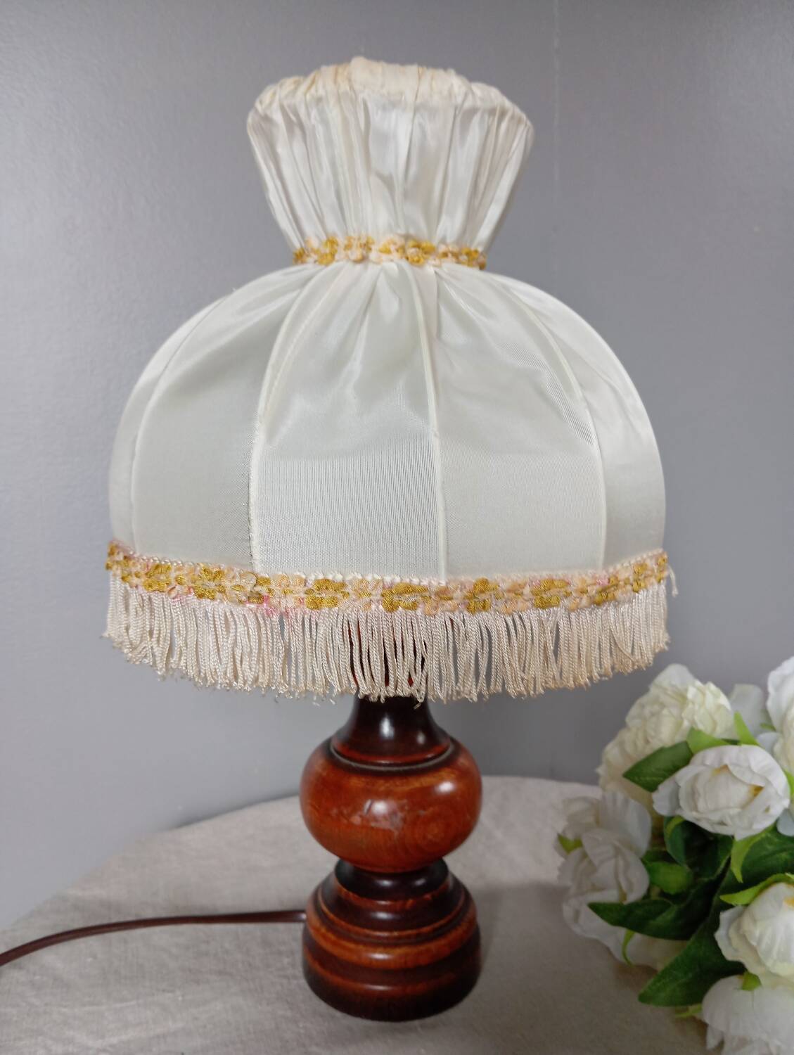 Rustic chic bedside lamp, wood and dome lampshade