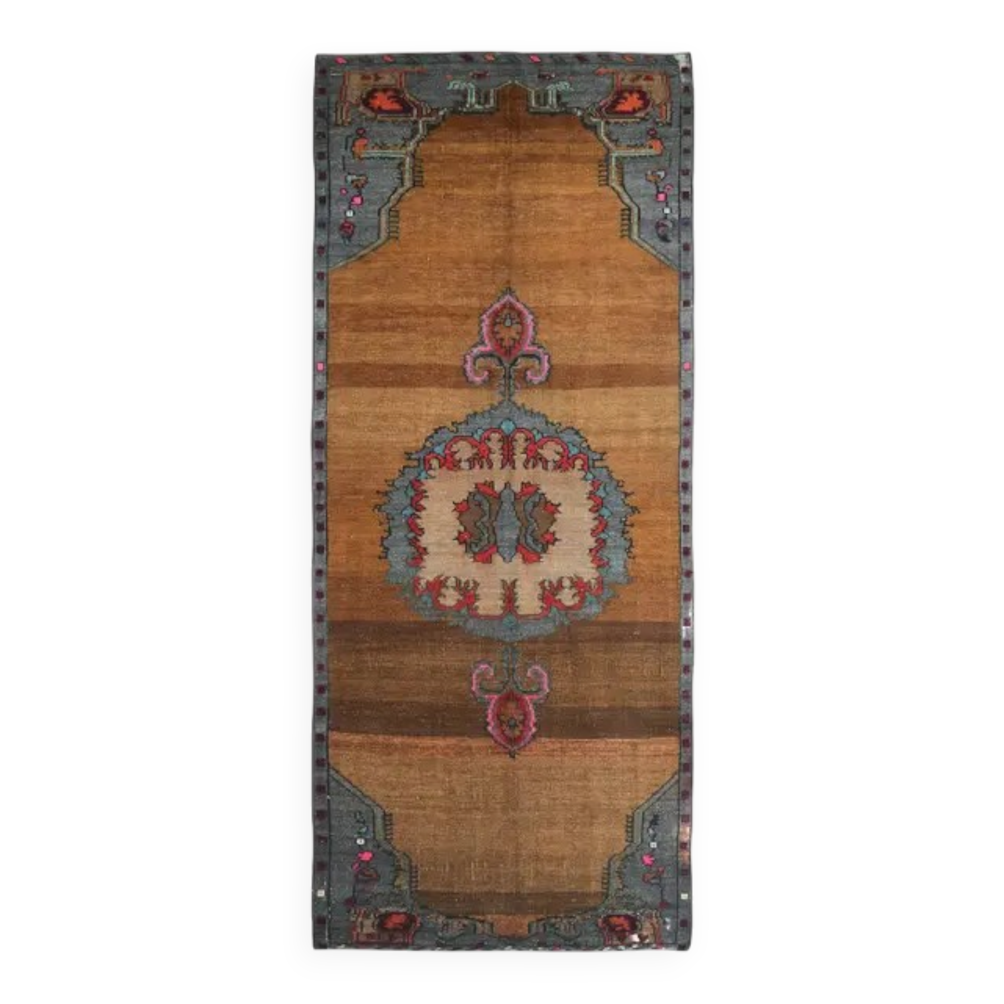 1970s Vintage Turkish Oushak Handmade Wool Cotton Brown Runner Rug 178x448