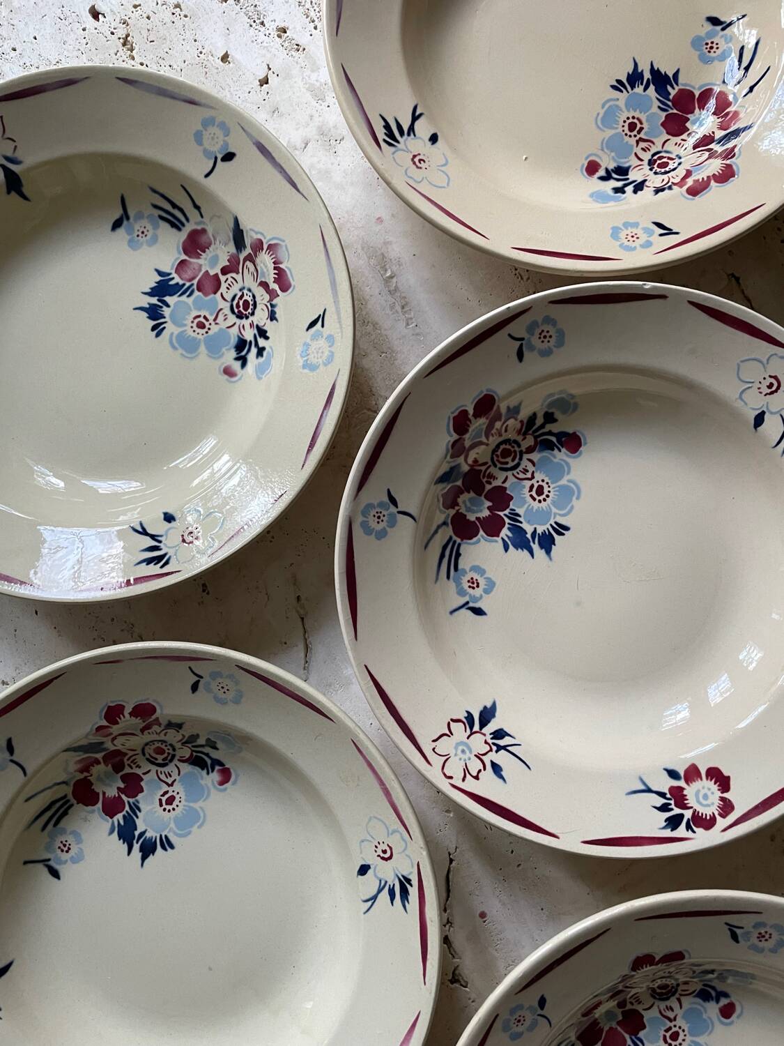 6 vintage old earthenware soup plates