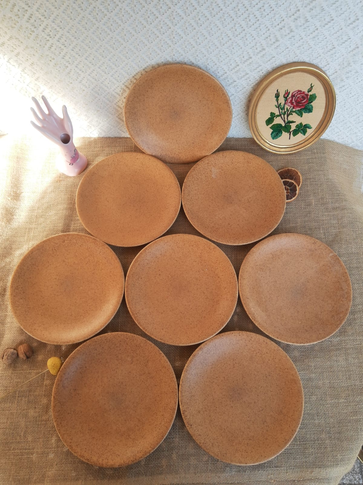 Set of 8 flat plates in Chantilly Longchamp sandstone France vintage