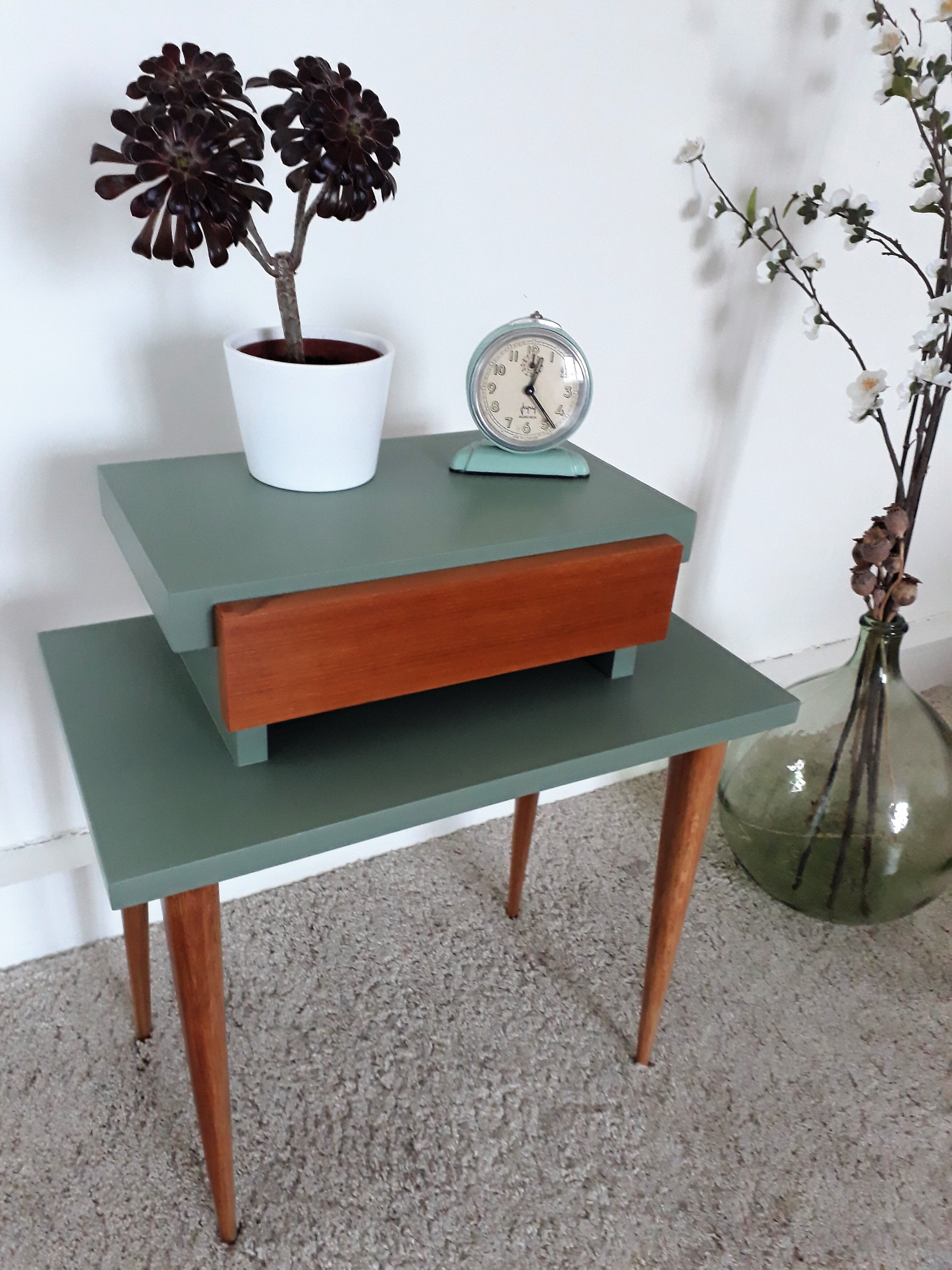 Vintage bedside table from the 1950s in a Scandinavian style revisited in green