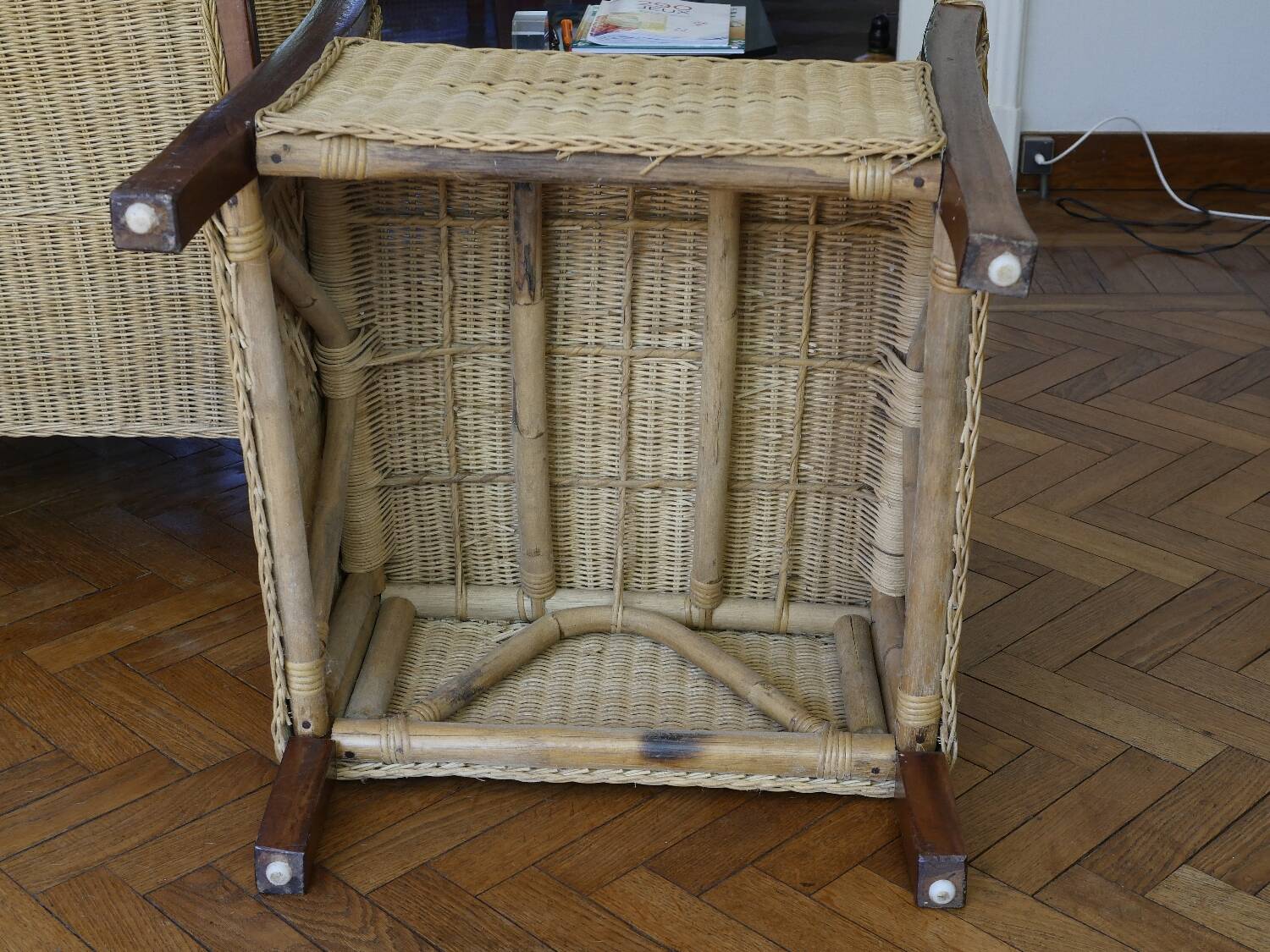 2 rattan and wood armchairs