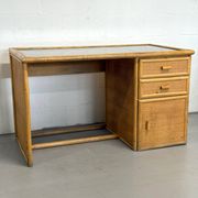 Vintage bamboo and woven rattan desk — glass top