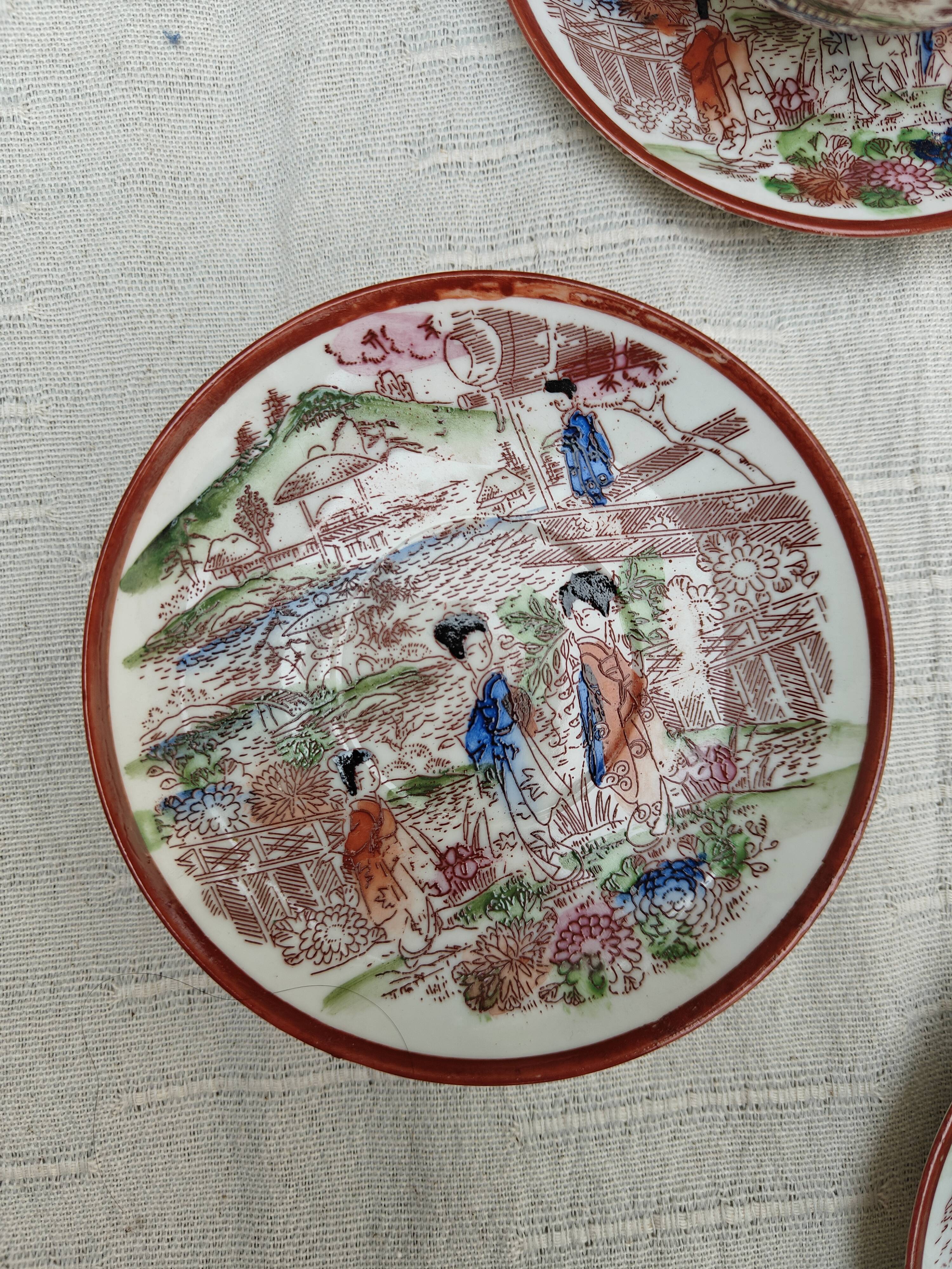 Vintage Japanese tea/coffee service, egg shell porcelain & enamels for 5 people.